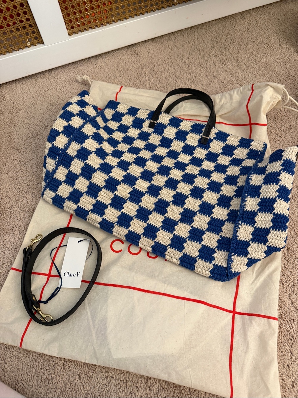 Clare V Blue and Cream Checker Crochet Tote with Black Handles